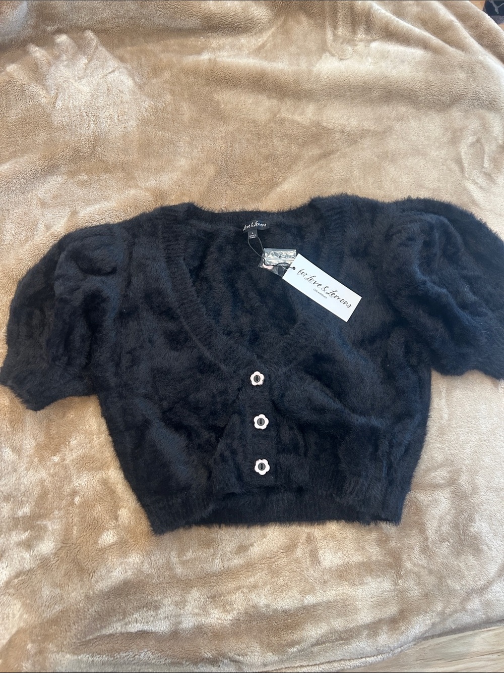 SS21 for Love & Lemons Black Fuzzy Puff-Sleeve Cropped Cardigan